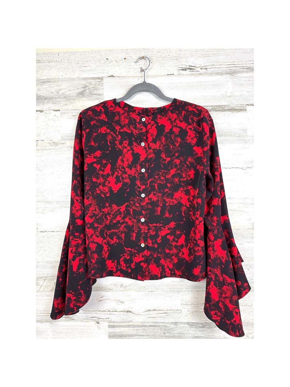 Carmen Marc Valvo Womens M Black Red Abstract Bell-Sleeve Lightweight Blouse